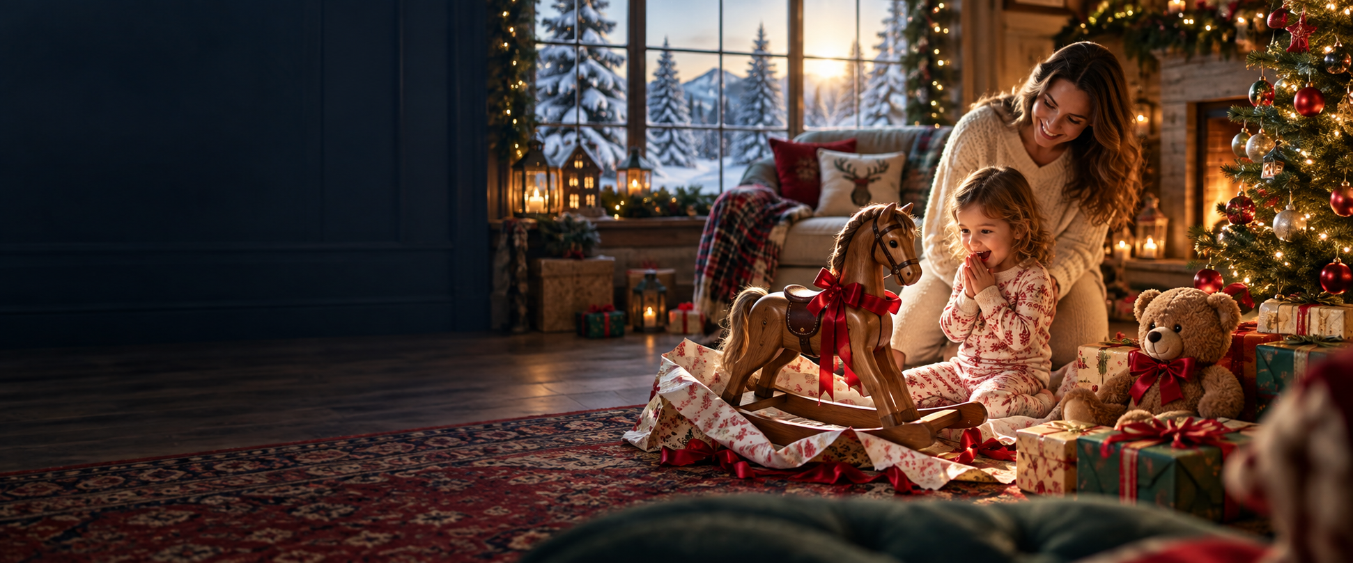 A child discovering a rocking horse on Christmas morning.