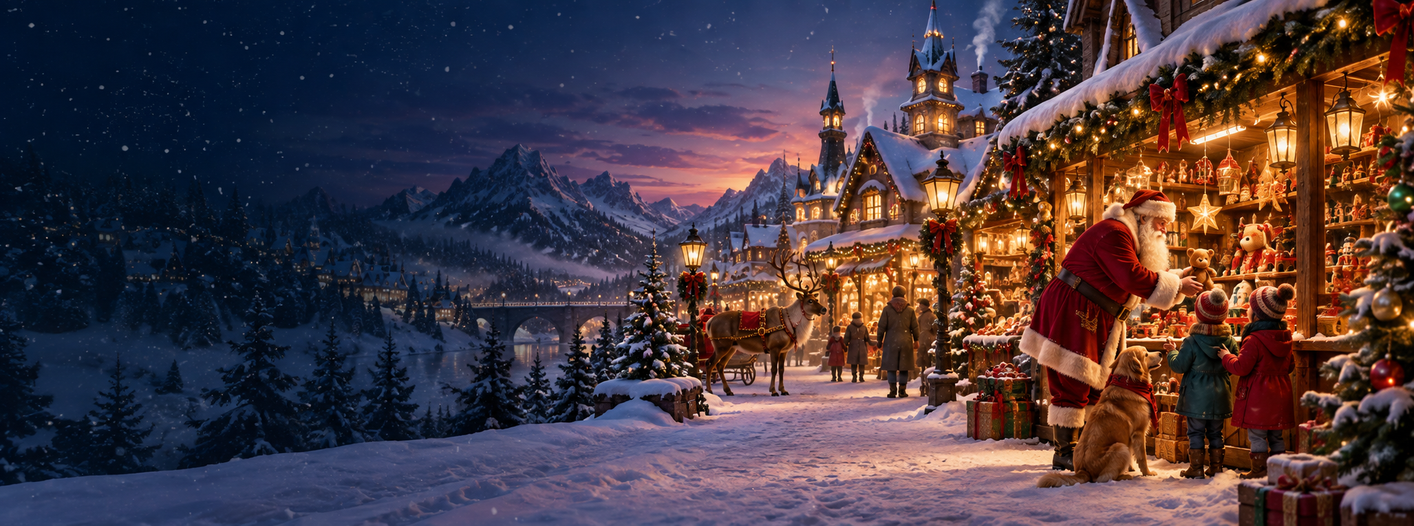 The snow-covered North Pole toy market glowing at dusk.