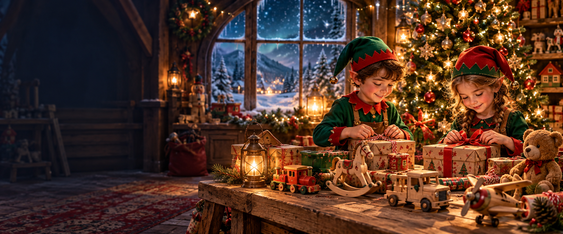 Elves wrapping toys in a warm North Pole workshop.
